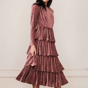JessaKae Eiffel Midi Dress Velvet Tiered Ruffles Long Sleeve Dark Mauve Pink S
